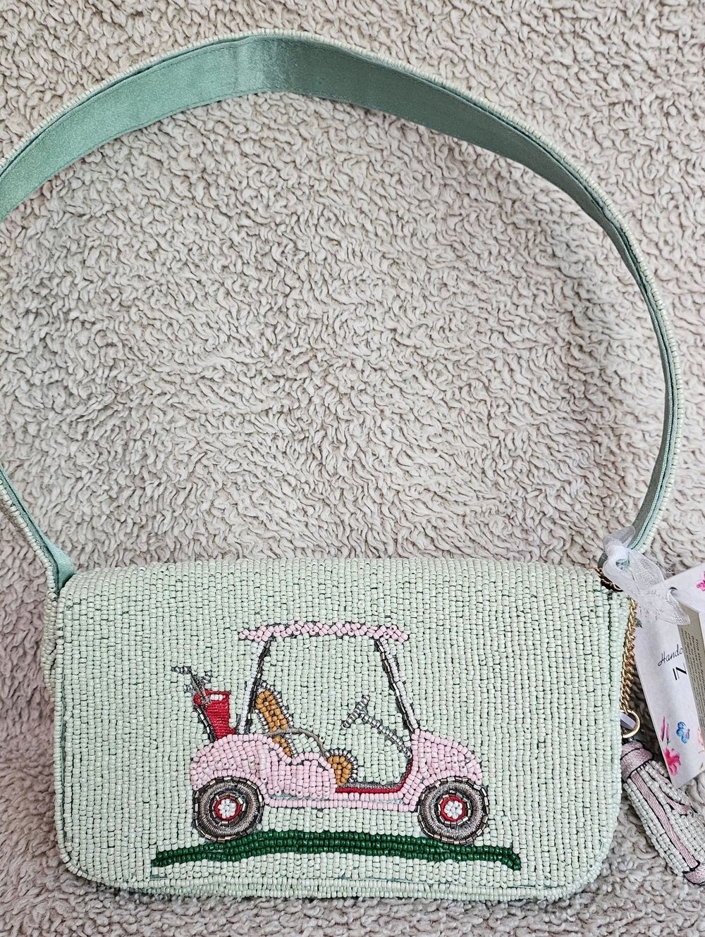 NWT Viral Handmade in India Beaded Bag Golf Cart Green Pink Clubs Bag Charm